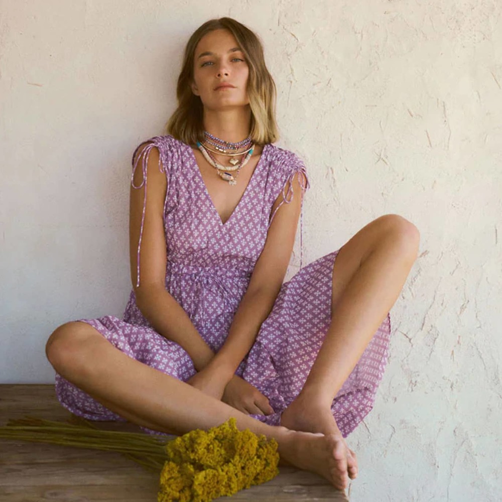 Xirena Purple Clover Cecily Printed Cotton Tiered Midi Maxi Dress XS